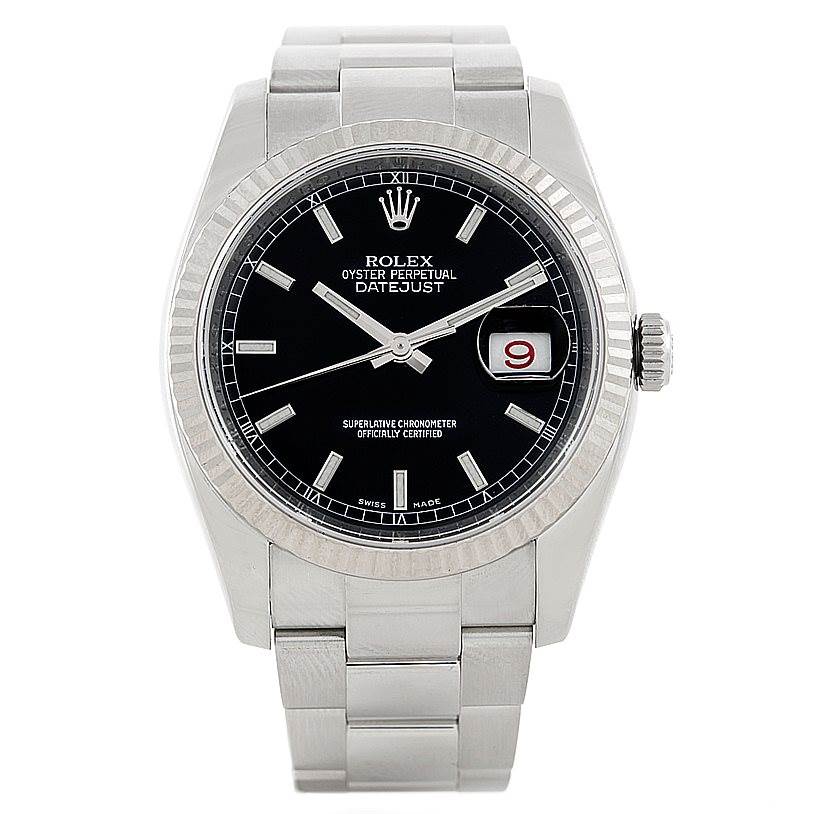 This image shows a front view of the Rolex Datejust 116234 Men
s Stainless Steel Black Dial 116234 Men
s Stainless Steel Black Dial watch, displaying its black dial, date window, and stainless steel band.