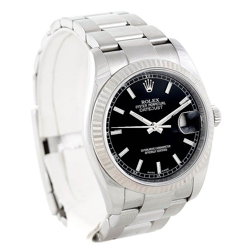 The image shows a Rolex Datejust 116234 Men
s Stainless Steel Black Dial 116234 Men
s Stainless Steel Black Dial watch from a side angle, highlighting the bezel, dial, hands, and bracelet.