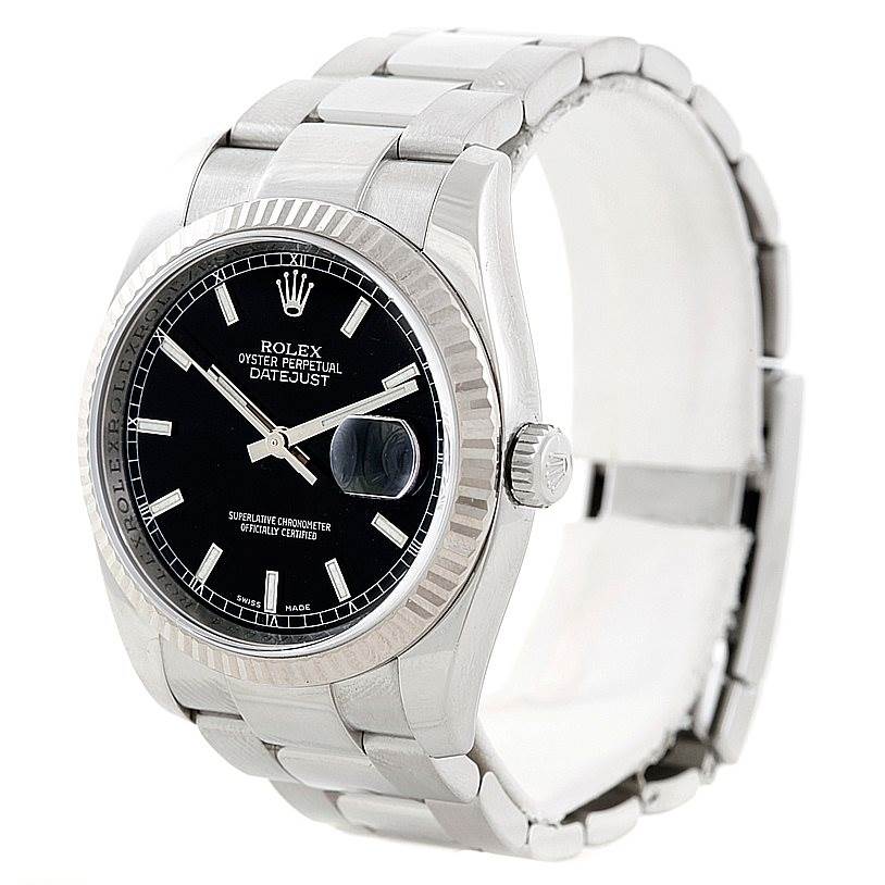 The image shows a Rolex Datejust 116234 Men
s Stainless Steel Black Dial 116234 Men
s Stainless Steel Black Dial watch from a three-quarter angle, displaying the face, bezel, and part of the bracelet.