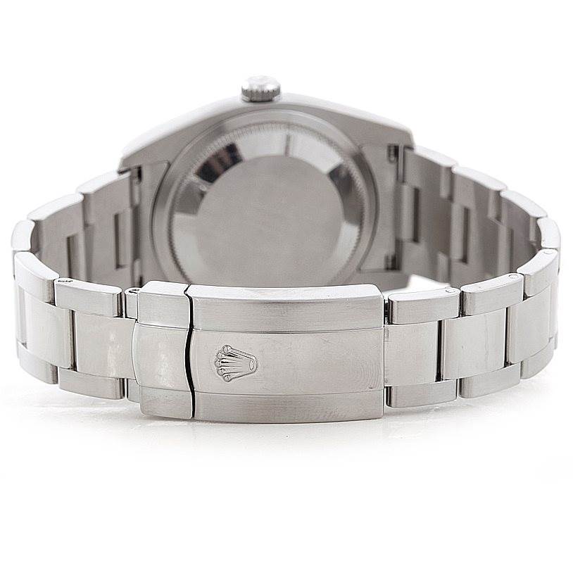 The image shows the back side of the Rolex Datejust 116234 Men
s Stainless Steel Black Dial 116234 Men
s Stainless Steel Black Dial watch, focusing on the stainless steel bracelet and clasp.