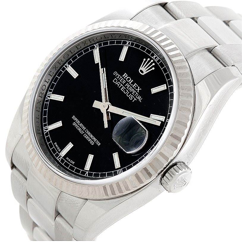 The image displays the dial, bezel, crown, and part of the bracelet of a Rolex Datejust 116234 Men
s Stainless Steel Black Dial 116234 Men
s Stainless Steel Black Dial watch, angled slightly from the side.