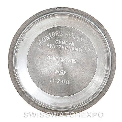 This image shows the inside of the case back of a Rolex Datejust 16220 Men's Stainless Steel Blue Dial 16220 Men's Stainless Steel Blue Dial model, emphasizing the stainless steel material and inscription.