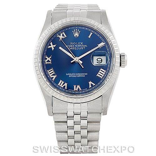 The image shows a frontal view of a Rolex Datejust 16220 Men's Stainless Steel Blue Dial 16220 Men's Stainless Steel Blue Dial watch with a blue Roman numeral dial and a Jubilee bracelet.