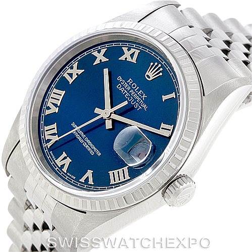 The image shows a Rolex Datejust 16220 Men's Stainless Steel Blue Dial 16220 Men's Stainless Steel Blue Dial model watch at a slight angle, highlighting the dial, bezel, crown, and a portion of the bracelet.