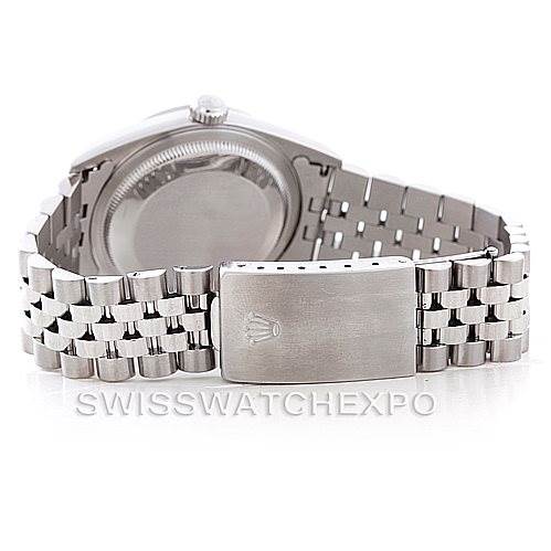 The image shows the back view of a Rolex Datejust 16220 Men's Stainless Steel Blue Dial 16220 Men's Stainless Steel Blue Dial watch, highlighting the case back and Jubilee bracelet clasp.