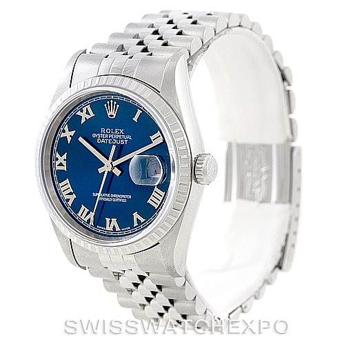 This image shows a Rolex Datejust 16220 Men's Stainless Steel Blue Dial 16220 Men's Stainless Steel Blue Dial watch at an oblique angle highlighting its blue dial, fluted bezel, and Jubilee bracelet.
