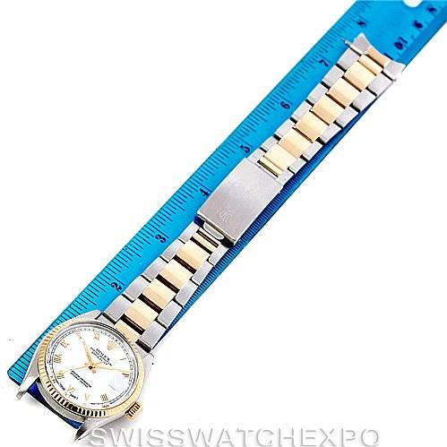 The image shows a Rolex Datejust 16013 Men's Stainless Steel White Dial 16013 Men's Stainless Steel White Dial watch laid flat, alongside a ruler, displaying the face and bracelet from an above angle.