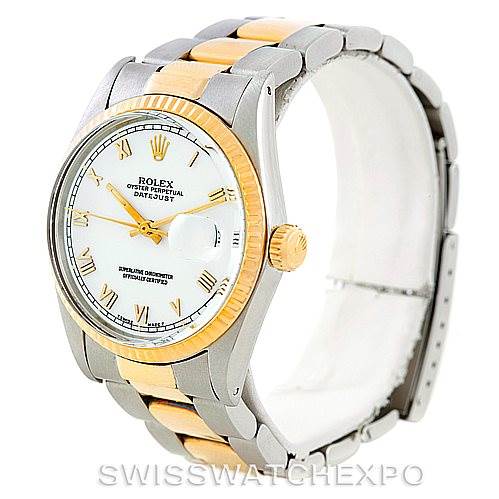 This image shows a Rolex Datejust 16013 Men's Stainless Steel White Dial 16013 Men's Stainless Steel White Dial watch from an angled side view, highlighting the face, bezel, and two-tone bracelet.