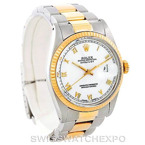 This image shows a Rolex Datejust 16013 Men's Stainless Steel White Dial 16013 Men's Stainless Steel White Dial watch at a three-quarter angle highlighting the case, dial, bezel, and bracelet.