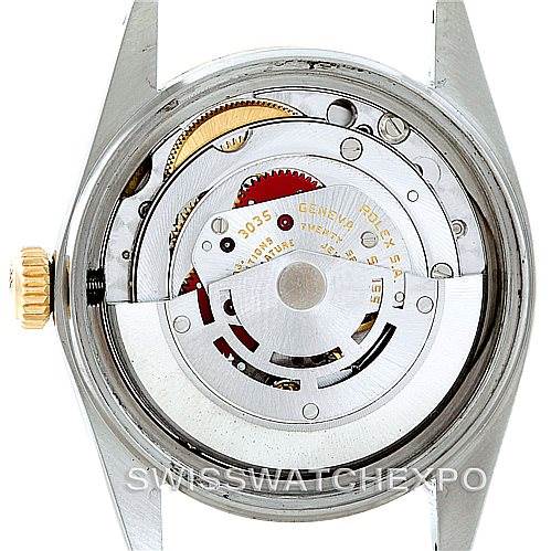 This image shows the internal mechanism of a Rolex Datejust 16013 Men's Stainless Steel White Dial 16013 Men's Stainless Steel White Dial watch from a rear angle, highlighting its intricate components.