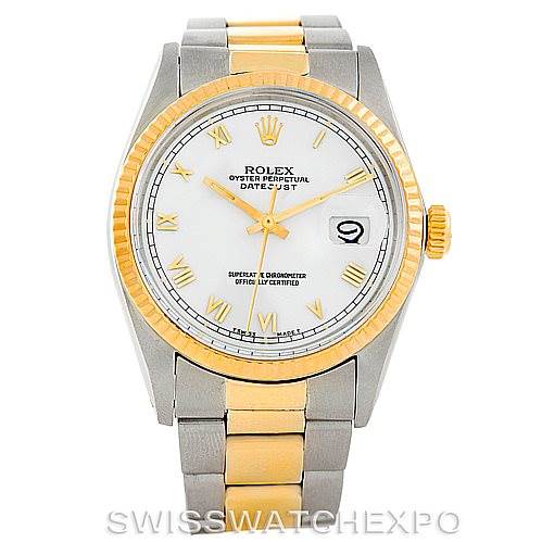 The image shows a front view of the Rolex Datejust 16013 Men's Stainless Steel White Dial 16013 Men's Stainless Steel White Dial watch, highlighting the dial, bezel, crown, and two-tone bracelet.