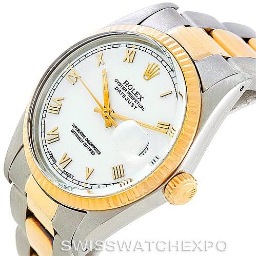 This image shows a Rolex Datejust 16013 Men's Stainless Steel White Dial 16013 Men's Stainless Steel White Dial watch at an angle highlighting the face, bezel, crown, and partial bracelet.