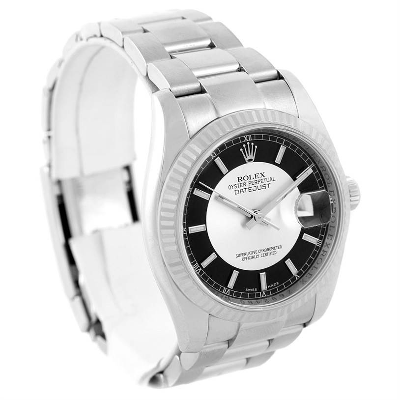 The image shows a Rolex Datejust 116234 Men's Stainless Steel Black Dial 116234 Men's Stainless Steel Black Dial watch from an angled view, highlighting the face, bezel, crown, and metal bracelet.