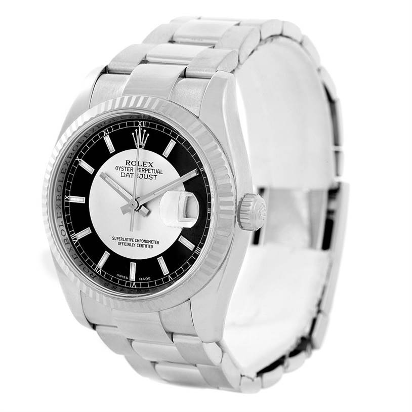 The image shows a Rolex Datejust 116234 Men's Stainless Steel Black Dial 116234 Men's Stainless Steel Black Dial watch angled slightly from the front, displaying the dial, bezel, and part of the bracelet.