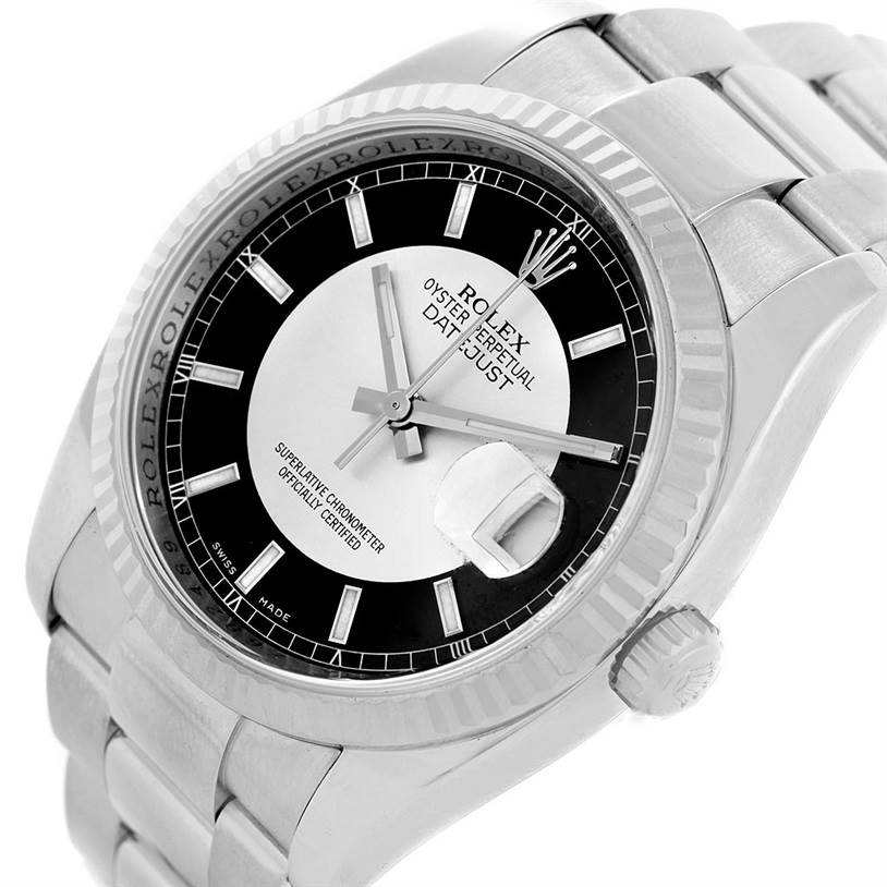 The image shows a close-up, angled view of the face, bezel, and part of the bracelet of a Rolex Datejust 116234 Men's Stainless Steel Black Dial 116234 Men's Stainless Steel Black Dial watch.