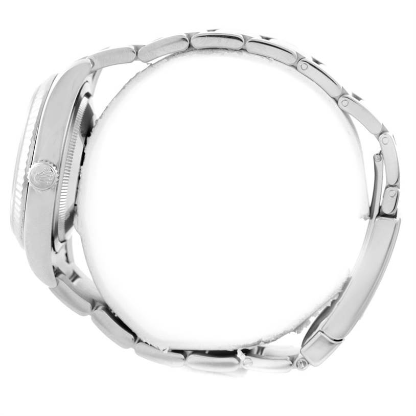 The image shows a side profile view of the Rolex Datejust 116234 Men's Stainless Steel Black Dial 116234 Men's Stainless Steel Black Dial watch, highlighting the case, crown, and bracelet.