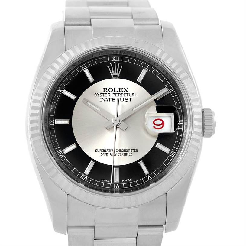 This image shows a frontal view of the Rolex Datejust 116234 Men's Stainless Steel Black Dial 116234 Men's Stainless Steel Black Dial watch, highlighting its dial, bezel, and bracelet.