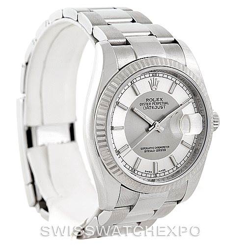 The image shows a Rolex Datejust 116234 Men's Stainless Steel Silver Dial 116234 Men's Stainless Steel Silver Dial watch from a slightly angled front view, displaying the face, bezel, and bracelet.