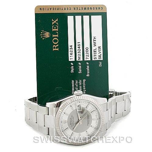 The image shows a Rolex Datejust 116234 Men's Stainless Steel Silver Dial 116234 Men's Stainless Steel Silver Dial watch lying flat with its certification card in the background.