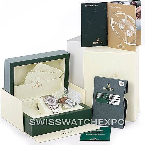 The image shows the Rolex Datejust 116234 Men's Stainless Steel Silver Dial 116234 Men's Stainless Steel Silver Dial watch with its box, warranty card, and manuals, displayed from a top angle.