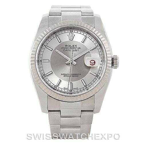 Front view of a Rolex Datejust 116234 Men's Stainless Steel Silver Dial 116234 Men's Stainless Steel Silver Dial watch showing the dial, hour markers, hands, date window, and bracelet.