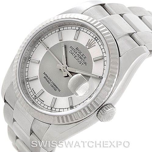 This image shows a Rolex Datejust 116234 Men's Stainless Steel Silver Dial 116234 Men's Stainless Steel Silver Dial watch from a three-quarter angle showcasing the face, bezel, bracelet, and crown.