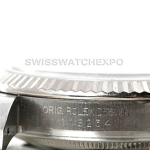 The image shows a close-up side view of the casing and engraved details of a Rolex Datejust 116234 Men's Stainless Steel Silver Dial 116234 Men's Stainless Steel Silver Dial watch model.