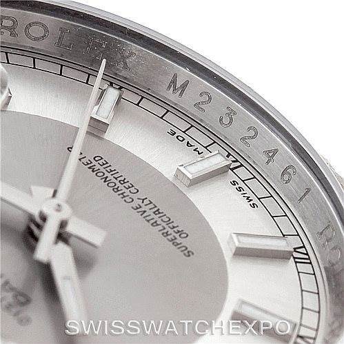 Close-up of the bezel, dial, and hands of the Rolex Datejust 116234 Men's Stainless Steel Silver Dial 116234 Men's Stainless Steel Silver Dial watch.