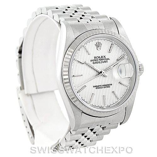 This image shows a Rolex Datejust 16234 Men's Stainless Steel Silver Dial 16234 Men's Stainless Steel Silver Dial watch at a three-quarter angle, highlighting its face, bezel, bracelet, and crown.