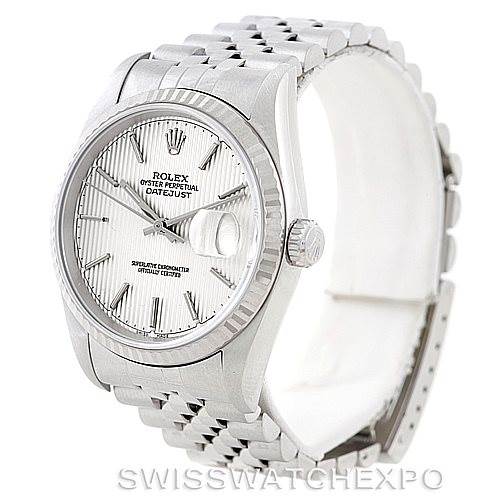 The image shows a Rolex Datejust 16234 Men's Stainless Steel Silver Dial 16234 Men's Stainless Steel Silver Dial watch at a three-quarter angle, highlighting the dial, bezel, and bracelet.