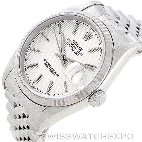 This image shows a Rolex Datejust 16234 Men's Stainless Steel Silver Dial 16234 Men's Stainless Steel Silver Dial watch at an angled view, highlighting the face, bezel, and part of the bracelet.