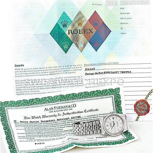 The image shows a Rolex Datejust 16234 Men's Stainless Steel Silver Dial 16234 Men's Stainless Steel Silver Dial watch along with its warranty, authentication certificate, and documentation, displayed from a top-down angle.