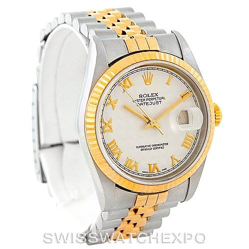 The image shows a front angle of a Rolex Datejust 16233 Men
s Steel and Gold (two tone) Beige Dial 16233 Men
s Steel and Gold (two tone) Beige Dial watch, highlighting the face, bezel, bracelet, and crown.