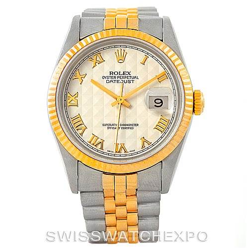 This image shows a front view of a Rolex Datejust 16233 Men
s Steel and Gold (two tone) Beige Dial 16233 Men
s Steel and Gold (two tone) Beige Dial watch featuring its dial, bezel, bracelet, and crown.