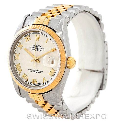 The image shows the Rolex Datejust 16233 Men
s Steel and Gold (two tone) Beige Dial 16233 Men
s Steel and Gold (two tone) Beige Dial watch at an oblique angle, highlighting the gold and silver jubilee bracelet, gold fluted bezel, and dial with Roman numerals.