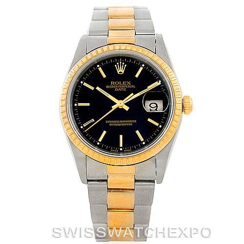 The image shows a front view of a Rolex Datejust 15223 Men's Steel and Gold (two tone) Black Dial 15223 Men's Steel and Gold (two tone) Black Dial watch with a two-tone bracelet and a black dial.