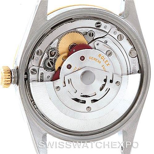 This image shows the internal mechanical movement of a Rolex Datejust 15223 Men's Steel and Gold (two tone) Black Dial 15223 Men's Steel and Gold (two tone) Black Dial watch, viewed from the back with the case removed.