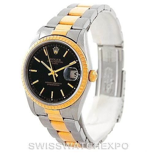 This image shows a Rolex Datejust 15223 Men's Steel and Gold (two tone) Black Dial 15223 Men's Steel and Gold (two tone) Black Dial watch featuring a two-tone oyster bracelet, yellow gold fluted bezel, and a black dial with date display.
