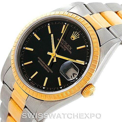 This Rolex Datejust 15223 Men's Steel and Gold (two tone) Black Dial 15223 Men's Steel and Gold (two tone) Black Dial watch is shown from a 3/4 angle, displaying the black dial, gold bezel, crown, and two-tone bracelet.