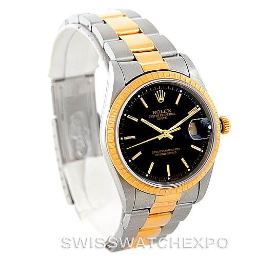 The image shows a Rolex Datejust 15223 Men's Steel and Gold (two tone) Black Dial 15223 Men's Steel and Gold (two tone) Black Dial watch at a slight angle, displaying the face, bezel, and the two-tone bracelet.