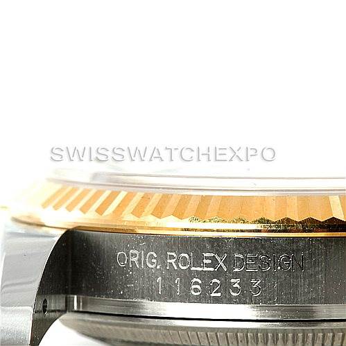 The image shows a close-up of the Rolex Datejust 116233 Men's Stainless Steel Blue Dial 116233 Men's Stainless Steel Blue Dial case with the model number and the fluted bezel clearly visible.