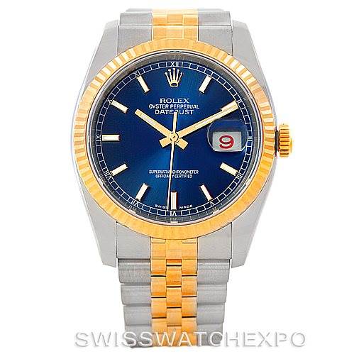 This image shows a Rolex Datejust 116233 Men's Stainless Steel Blue Dial 116233 Men's Stainless Steel Blue Dial watch from a front angle, highlighting its blue dial, date window, and two-tone bracelet.