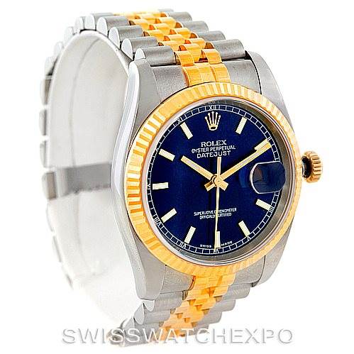 The image shows a side and front view of the Rolex Datejust 116233 Men's Stainless Steel Blue Dial 116233 Men's Stainless Steel Blue Dial watch, highlighting its blue dial, gold bezel, Jubilee bracelet, and date window.