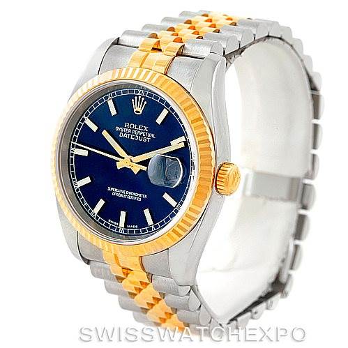 This image shows a Rolex Datejust 116233 Men's Stainless Steel Blue Dial 116233 Men's Stainless Steel Blue Dial watch from a front angle, highlighting its two-tone bracelet, blue dial, and date window.