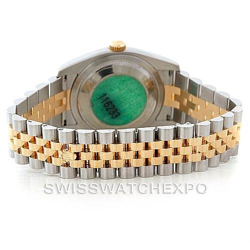 The image shows the back view of a Rolex Datejust 116233 Men's Stainless Steel Blue Dial 116233 Men's Stainless Steel Blue Dial watch, highlighting its case back and two-tone Jubilee bracelet.