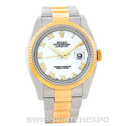 This image shows a front view of a Rolex Datejust 116233 Men's Stainless Steel White Dial 116233 Men's Stainless Steel White Dial watch, highlighting the dial, bezel, and two-tone bracelet.