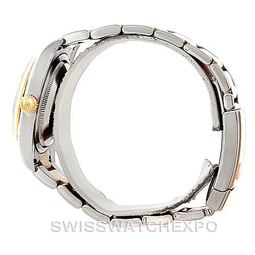 The image shows a side view of a Rolex Datejust 116233 Men's Stainless Steel White Dial 116233 Men's Stainless Steel White Dial watch, highlighting the bracelet and the crown.