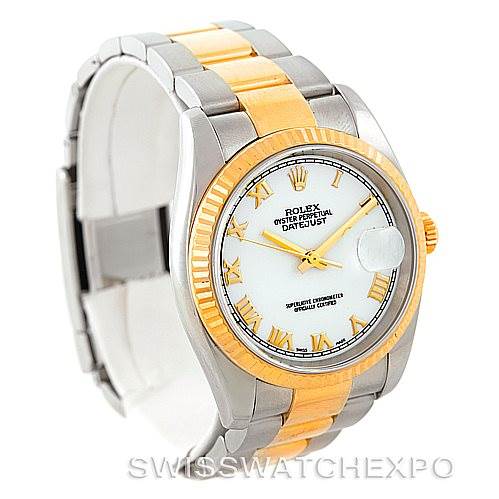 This image shows a Rolex Datejust 116233 Men's Stainless Steel White Dial 116233 Men's Stainless Steel White Dial watch at a slight angled view, highlighting its two-tone bracelet, white dial, and fluted bezel.
