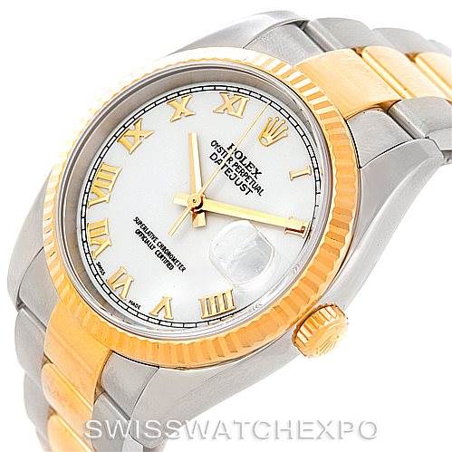 The image shows a Rolex Datejust 116233 Men's Stainless Steel White Dial 116233 Men's Stainless Steel White Dial watch at a front-side angle, highlighting its gold bezel, white dial, and two-tone bracelet.
