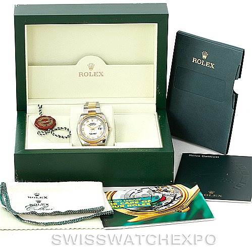 The image shows a Rolex Datejust 116233 Men's Stainless Steel White Dial 116233 Men's Stainless Steel White Dial watch viewed from the front, along with its box, warranty card, manual, and cleaning cloth.